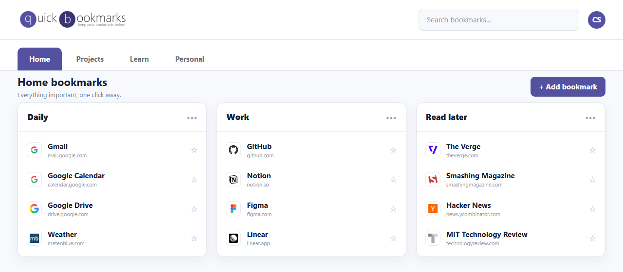 A Quick Bookmarks page with organised bookmark groups